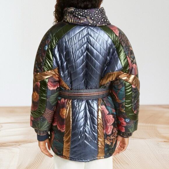 Farm Rio NEW Black Wild Bananas Metallic Reversible Puffer Sz S Jacket 50B $350 - Picture 4 of 16